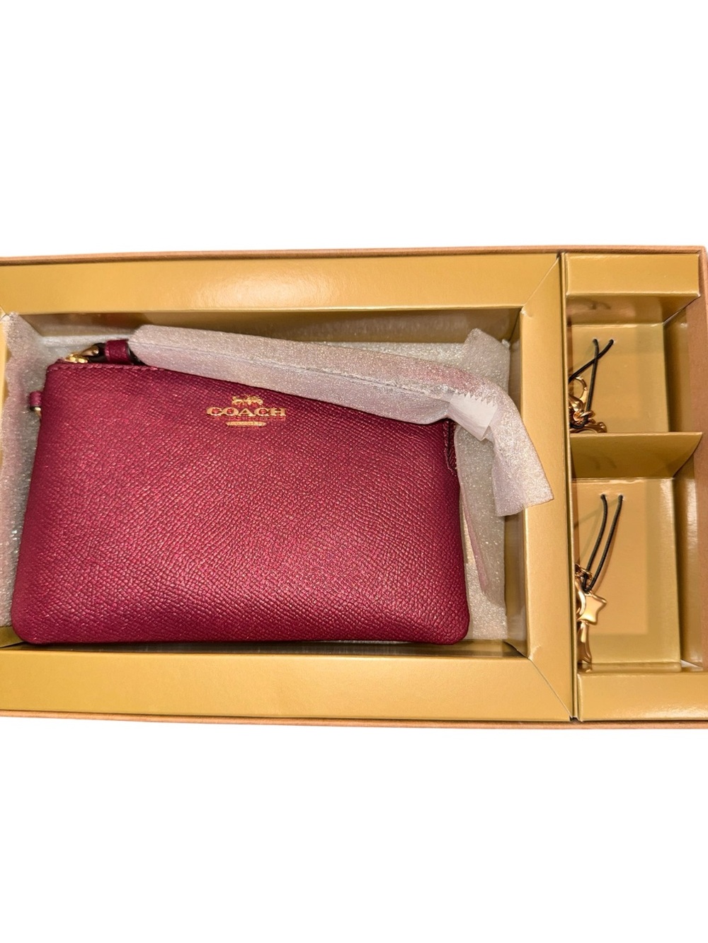 COACH Raspberry Red Saffiano Leather Zip Pouch with two coach gold charms NIB